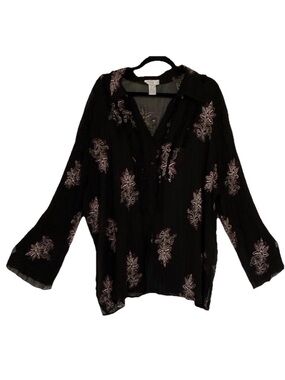 Worthington Black Sheer Tunic with Pale Pink Floral Motif